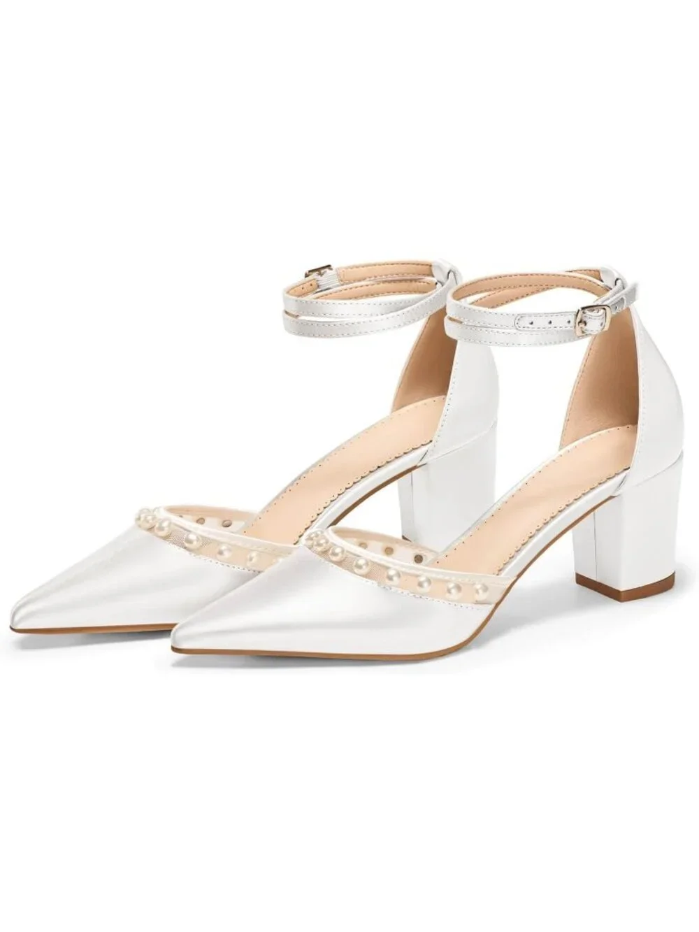 Women's White Satin Pearl Heels Shoes for Bride Closed Pointed Toe Ankle Pump